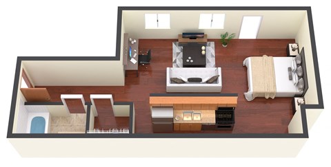 a layout of a living room with a couch and a chair